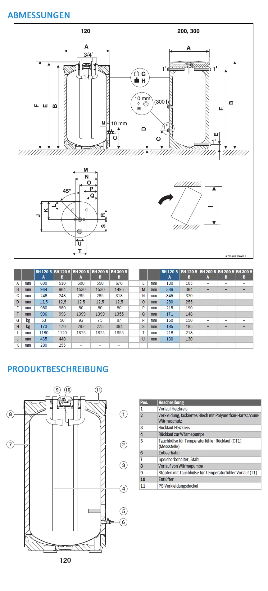Konstruktionszeichnung eines Pufferspeichers für Wärmepumpen mit technischen Maßen und Anschlussdetails, hergestellt von Bosch. Illustrationen der Bauteile und deren Positionen sind enthalten.